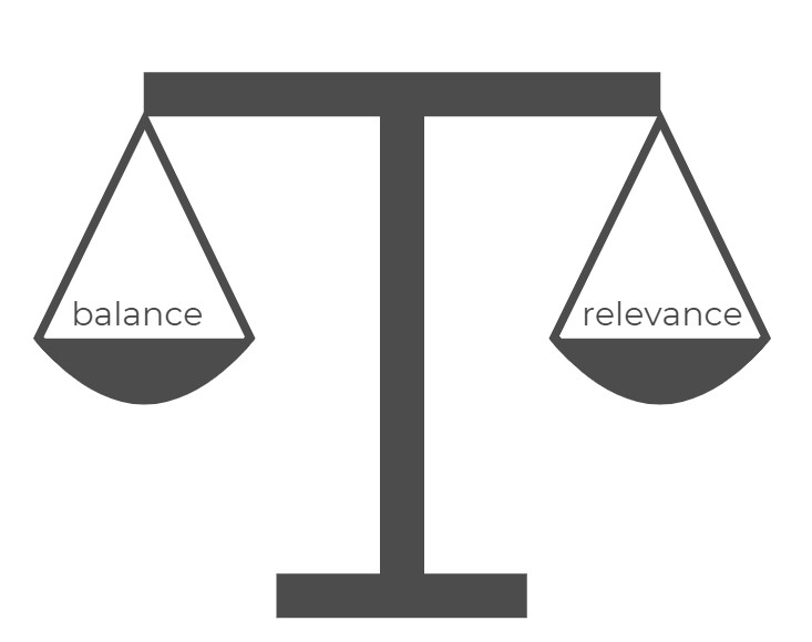 Figure: a scale with a double pan with the word balance in one pan and relevance in the other pan – words are equally weighted and balanced